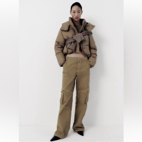 Zara Denim High Waist Full Length Wide Leg Dark Khaki Cargo Blogger Favorite - Picture 4 of 11